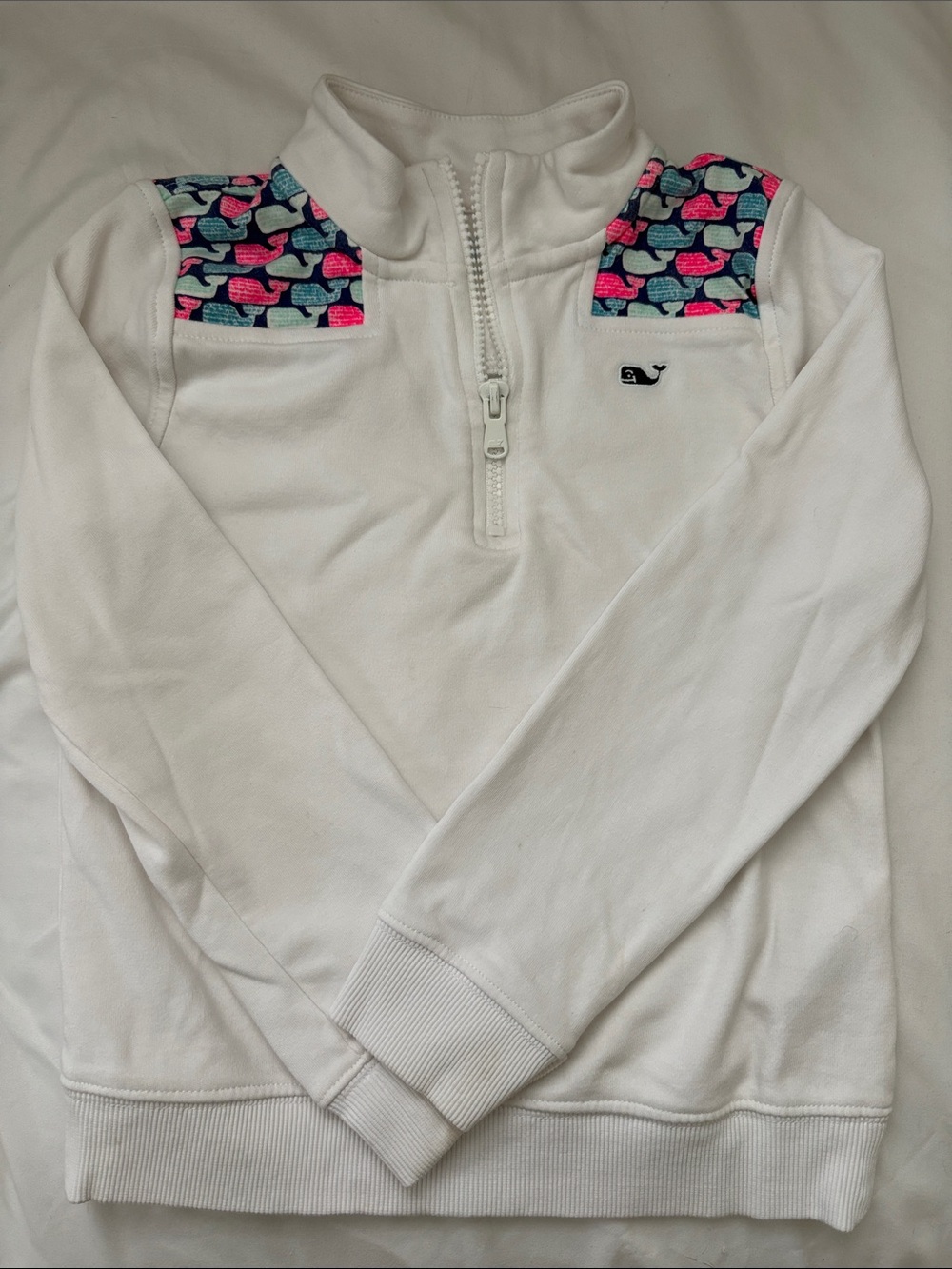 Girls Vineyard Vines White Quarter-Zip Sweatshirt with Pink & Blue whales